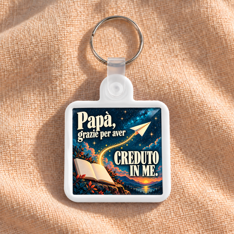 Papà, grazie per aver creduto in me. — frontale, cornice bianca.